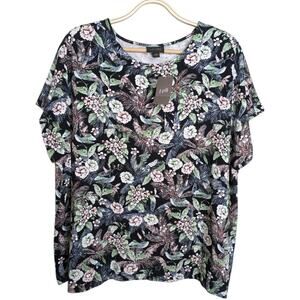 NEW J. Jill Top XL Tropical Floral Bird Print Cap Sleeve Rayon Stretch Relaxed